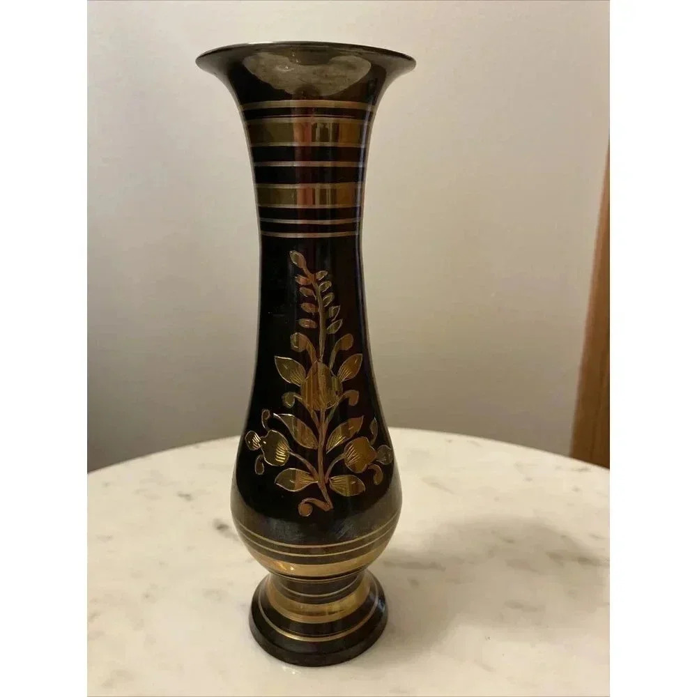 Vintage Solid Etched Brass Handmade Black & Gold Made In India 7.5” Vase - Picture 3 of 6